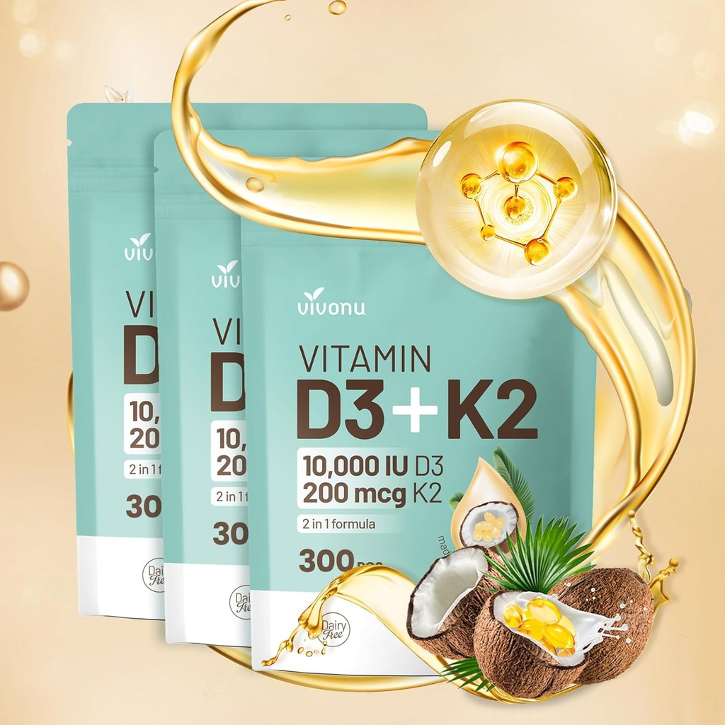 ビタミンD3 10000 iu Plus K2(MK-7) 200mcg、300ココナッツオイルSoftgels|2 in 1 VIT D&Kコンプレックス | カルシウム吸収、骨、免疫、心臓の健康をサポート - 飲みやすい(900 Softgels / 3バッグ)