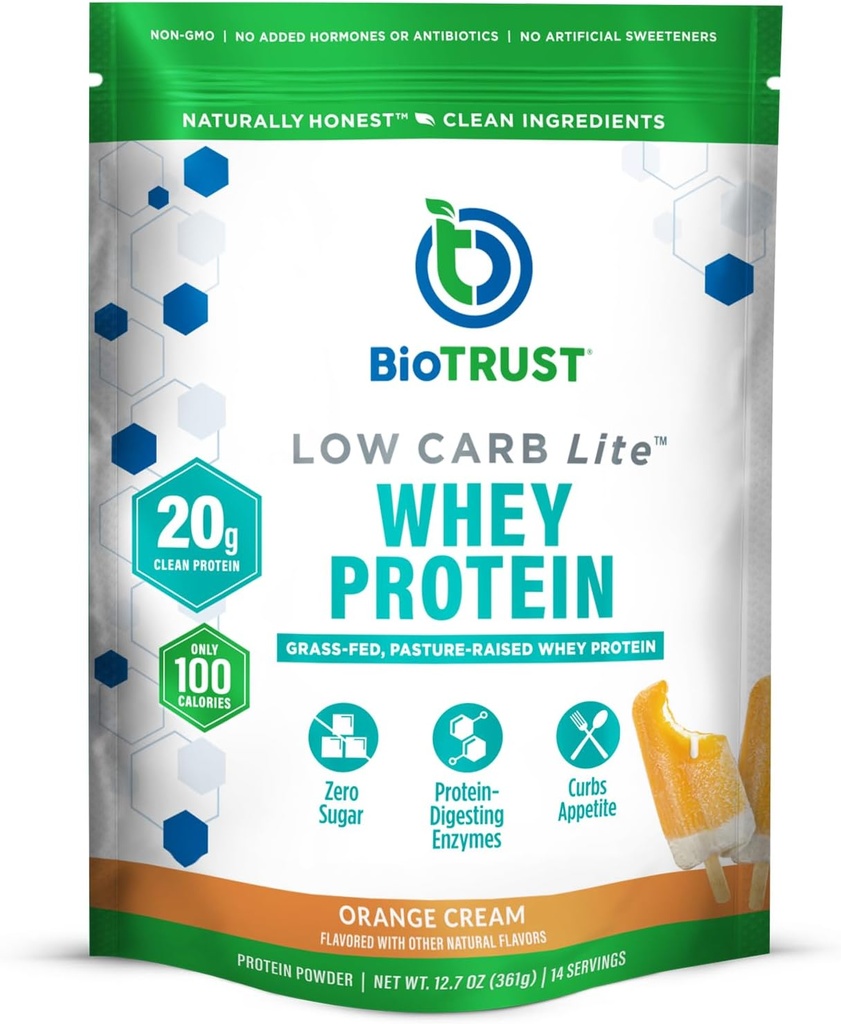 BioTrust Low Carb Lite, 20 グラスフェッドウィープロテインアイソレートのグラム, 100 Calories, ProHydrolase Digestive Enzymes, Non-GMO, Soy and Gluten, rBGH-Free (14 サービング) (オレンジクリーム)