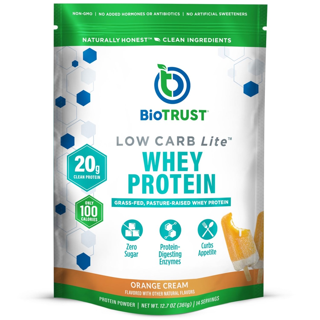 BioTrust Low Carb Lite, 20 グラスフェッドウィープロテインアイソレートのグラム, 100 Calories, ProHydrolase Digestive Enzymes, Non-GMO, Soy and Gluten, rBGH-Free (14 サービング) (オレンジクリーム)