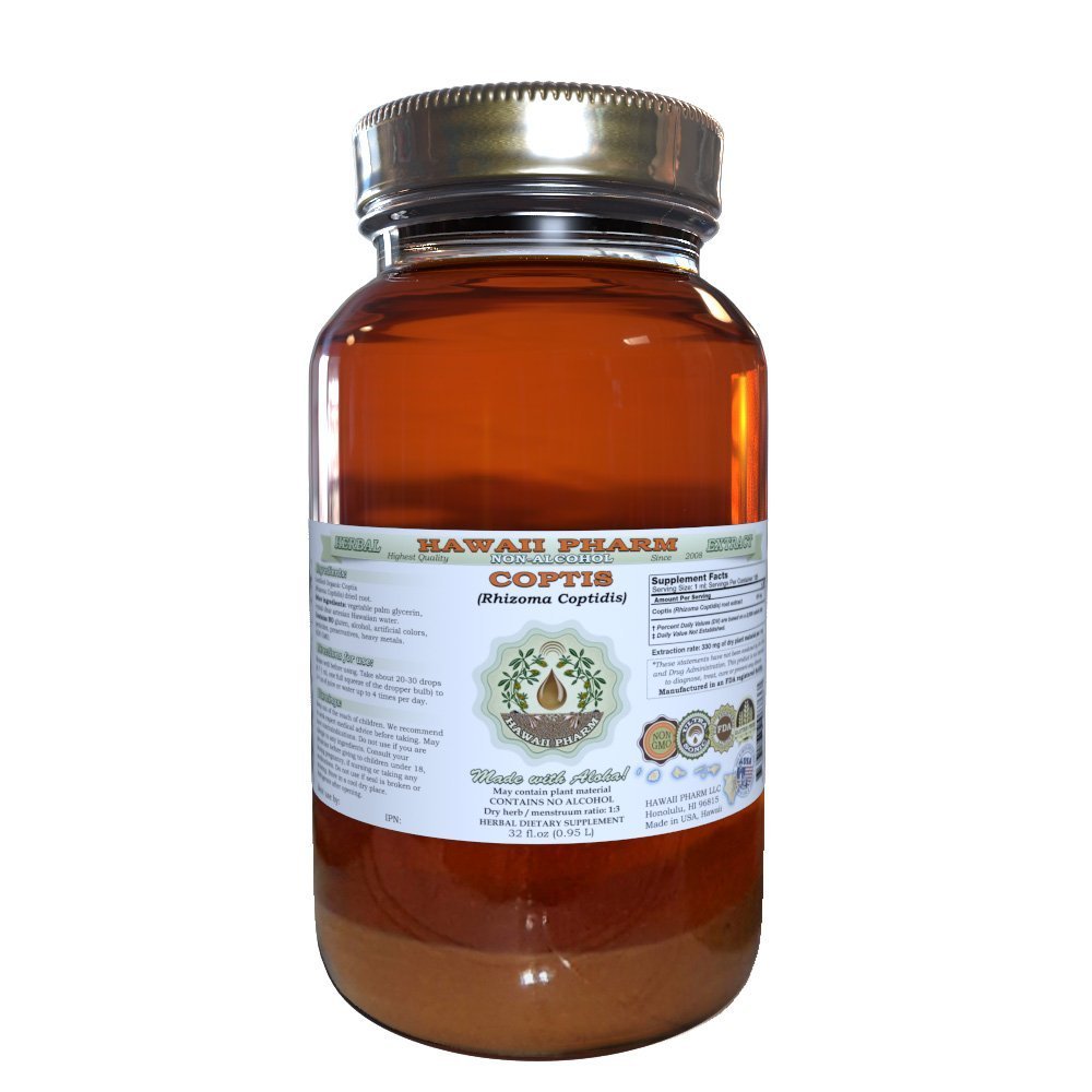 Hawaii Pharm Coptis Alcohol-Free Liquid Extract, Coptis (Rhizoma Coptidis) Dried Root Glycerite Natural Herbal Supplement 32 oz Unfiltered