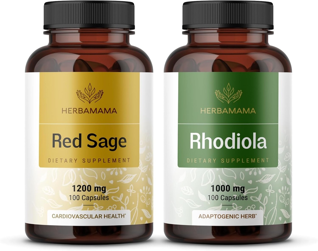 HERBAMAMA の赤いセージおよび Rhodiola のキット- 1200 の mg の赤いセージ ダン シェン及び 1000 の mg の Rhodiola ローザ のカプセル-ビーガン、非 GMO、砂糖及びゼラチンなし - 2 パック