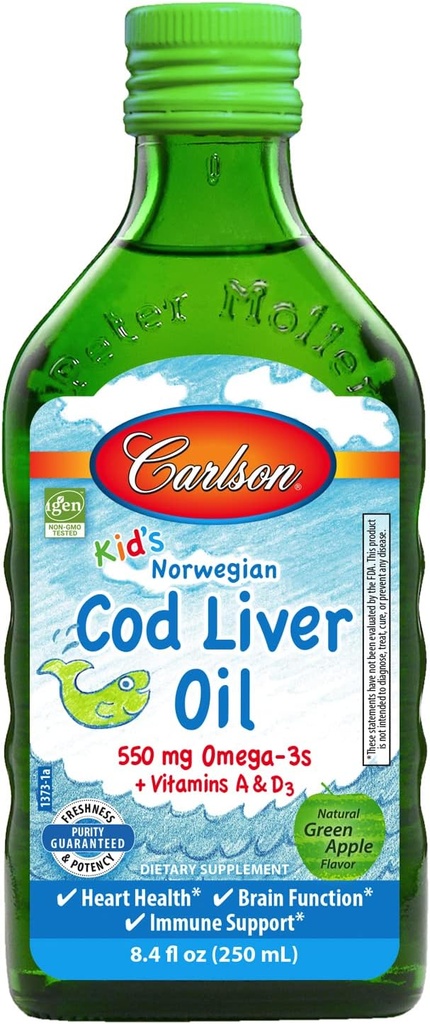 Carlson - Kid's Cod Liver Oil、550 mg Omega-3s、プラスビタミンAとD3、液体魚油、ワイルドキャッチノルウェーアークティックコッド、持続的にノルディックフィッシュオイル、グリーンアップル、250 mL(8.4 Fl Oz)