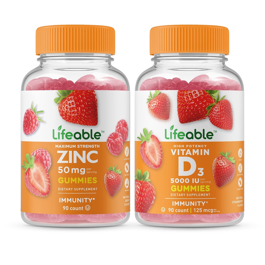 通気性亜鉛50mg +ビタミンD 5000 IU、ガミーバンドル - 偉大なテイスティング、ビタミンサプリメント、グルテンフリー、GMOフリー、咀嚼可能なガミー