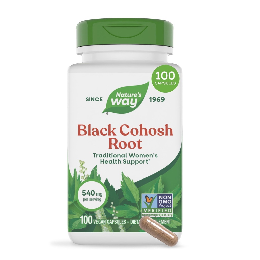 Nature's Way Black Cohosh Root, 女性の健康のための伝統的なサポート*, 540 サービングあたり mg, Non-GMOプロジェクト検証, 100カプセル