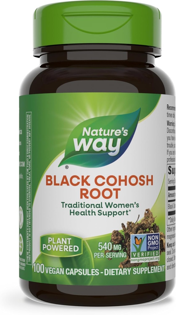 Nature's Way Black Cohosh Root, 女性の健康のための伝統的なサポート*, 540 サービングあたり mg, Non-GMOプロジェクト検証, 100カプセル