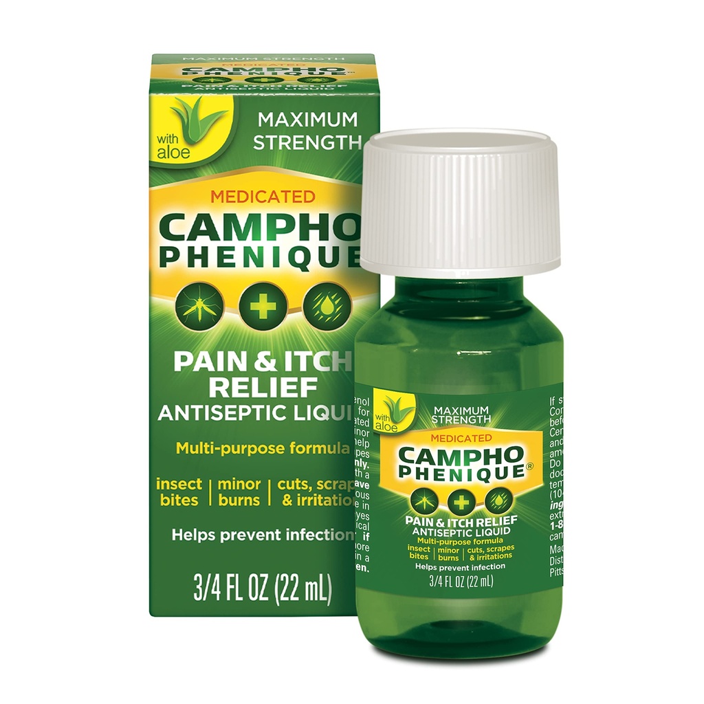 Campho Phenique Maximum Strength Antiseptic Liquid, Pain Relief and Anti-Itch Treatment, Provides Instant Relief From Bug Bites, Minor Cuts and Skin Irritations, 0.75 Oz