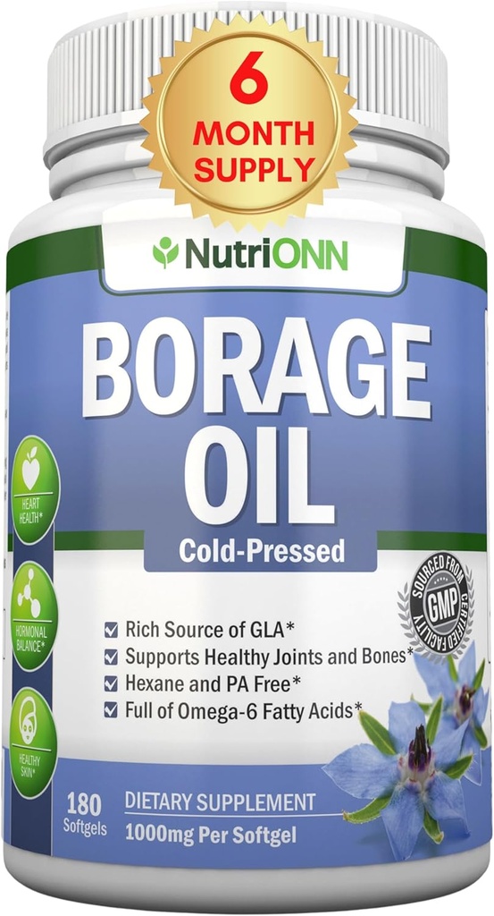 ボラージュオイル - 1000 mg - 180 Softgels - コールドプレスハイGLAホラージュシードオイル - ヘキサンとPAフリー - 皮膚、髪、骨に最適です。
