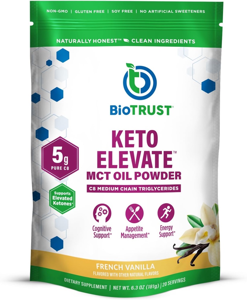 BioTrust Keto Elevate - C8 MCTオイルパウダー - Ketogenic MCTコーヒークリーマー、Ketoコーヒークリーマー - クリーンエネルギー、メンタルフォーカス、クラリティ - 100%カプリル酸MCTパウダー、非GMO(フレンチバニラ、20サービング)