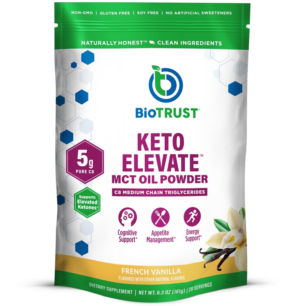 BioTrust Keto Elevate - C8 MCTオイルパウダー - Ketogenic MCTコーヒークリーマー、Ketoコーヒークリーマー - クリーンエネルギー、メンタルフォーカス、クラリティ - 100%カプリル酸MCTパウダー、非GMO(フレンチバニラ、20サービング)