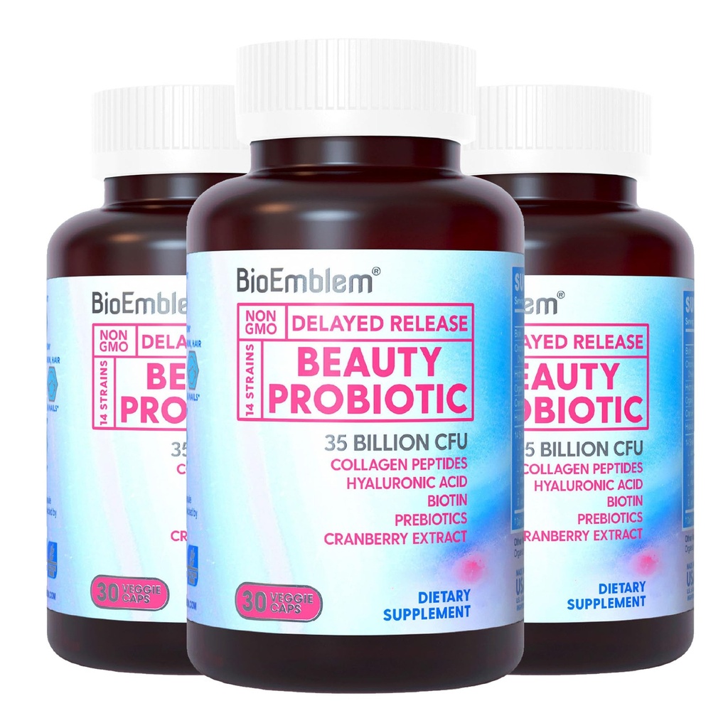 女性のためのBioEmblemの美のProbiotics、Biotin、Collaagenの35の鋼片CFU 14の緊張、消化器の健康、毛皮および釘、腟のProbioticsの補足、棚の馬小屋、90の帽子のためのPrebiotics