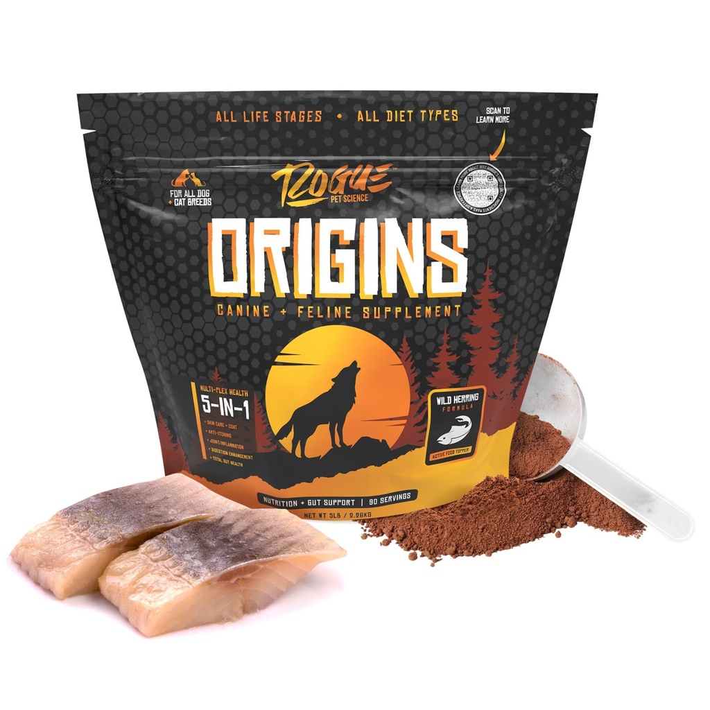 ROGUEペット科学の起源5-in-1犬の補足-粉にされた食糧トッパーw/Natural Omega 3の魚油-サポート健康な消化、皮およびコート-助けの軽減のかゆみ及び接合箇所の炎症(5のlbs)