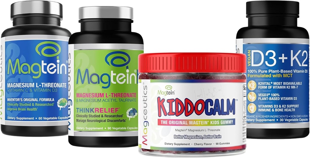 MagteinのマグネシウムL-Threonate 60のカプセル、Magceutics MagteinPRO 90のカプセル、KIDDOCALMのグミ90のカプセル、ビタミンD3 K2 30のカプセル-束