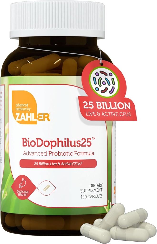 Zahler BioDophilus25、25億CFUプロバイオティクス+プレバイオティクス - 11ストレーナー毎日のプロバイオティックサプリメント - 消化の健康のための女性のためのコシャプロバイオティクス、グット健康のための男性のプロバイオティクス(120カプセル)