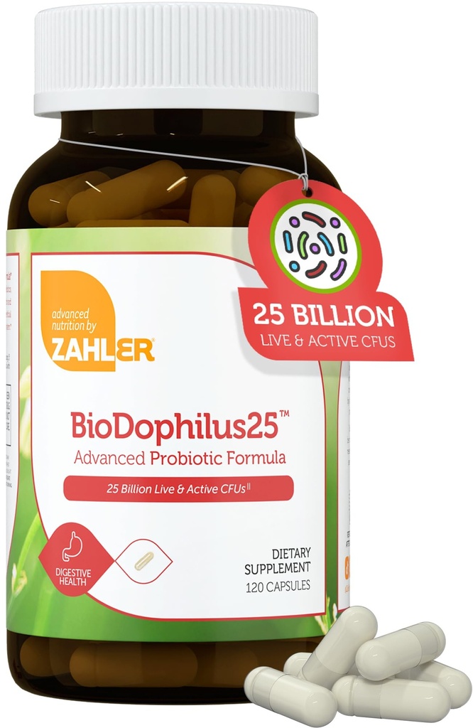 Zahler BioDophilus25、25億CFUプロバイオティクス+プレバイオティクス - 11ストレーナー毎日のプロバイオティックサプリメント - 消化の健康のための女性のためのコシャプロバイオティクス、グット健康のための男性のプロバイオティクス(120カプセル)