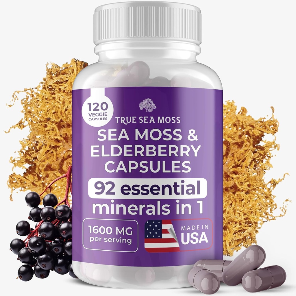 TrueSeaMoss Irish Sea Moss Capsules - 120 Elderberry Capsules (1600mg) - Prebiotic Superfood - Boosts The Immune & Digestive System - Healthy Skin, Keto Detox, Gut, Joint Support