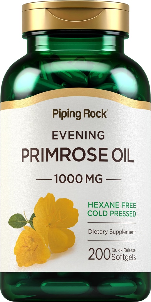 Piping Rock Evening Primrose Oil Softgels 1000mg | 200 Pills | Cold Pressed Dietary Supplement | Non-GMO, Gluten Free