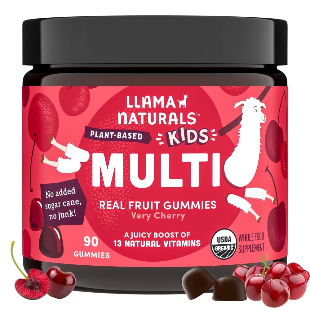 Llama Naturals Kids Multivitamin Gummies, ビーガン, ビタミンDと有機性, C&K, トールダール実質のフルーツのおいしいビタミン, 咀嚼可能なサプリメント, 全食品マルチビタミン, 砂糖ケーンなし, チェリー, 90 Ct