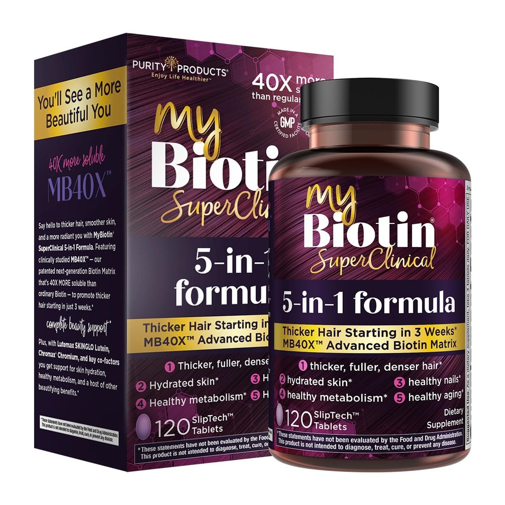 純度プロダクト MyBiotin の SuperClinical の新しい 5-in-1 のエリートの Multivitamin + MB40X のビオチンのマトリックスの毎日 3 週- 40X で始まるより厚い毛は普通の毛の皮の釘- 120 タブに対ります
