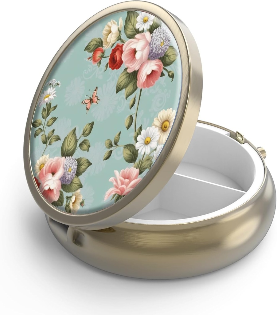 ミラーのレトロ3のコンパートメントの小型青銅の小さい敷物箱かビタミン、魚油、補足、丸薬は旅行ギフトを含んでいます() レトログリーンフローラル)