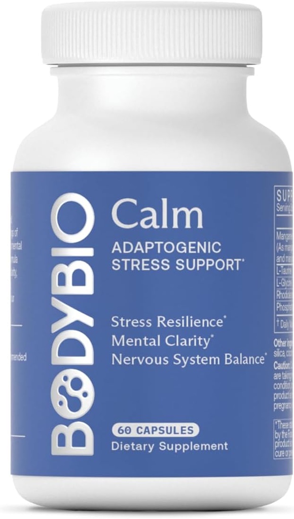 BodyBio Calm - Natural Stress Relief Blend with Rhodiola, Glycine & Phosphatidylserine - Supports Relaxation, Mental Focus & Balanced Cortisol - Non - Drowsy Formula
