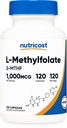 Nutricost Methylfolate 1000mcg、120 ベジタリアン カプセル - グルテンフリー、非GMO (メチル化された Folate)
