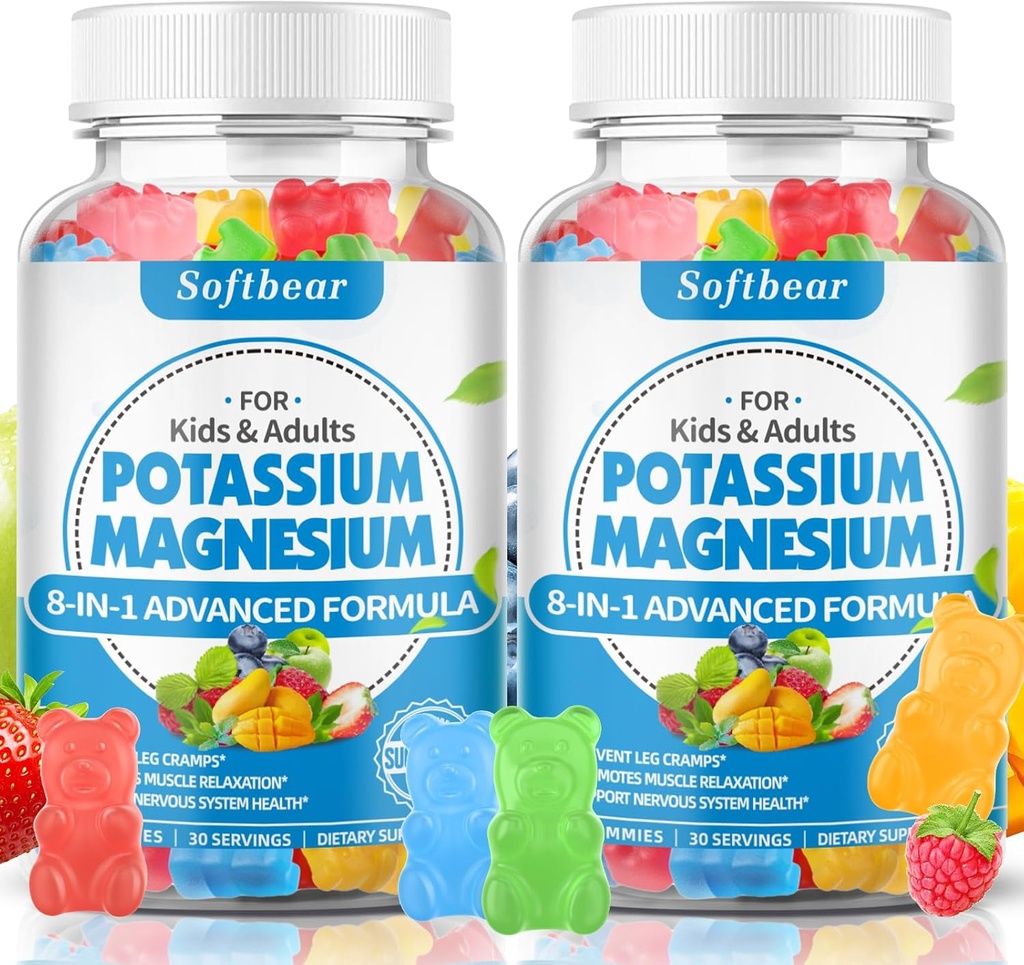 softbear Sugar Free Potassium Magnesium Gummies for Adults Kids, High Absorption Potassium Supplement Gummies Supports Leg Cramps & Muscle & Immune Health, Delicious Mixed Fruit Flavor 120 Count