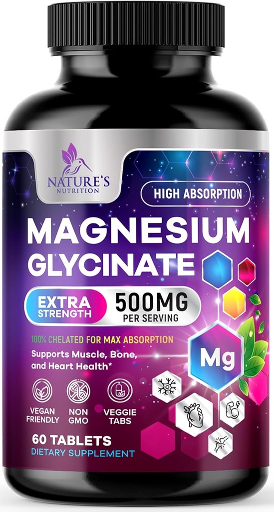 マグネシウムのGlycinate 500mg -超吸収のためにChelated -サポート骨、筋肉、Nerves及び中心の健康、性質の睡眠サポート、全ボディ サポートのための最もよいマグネシウムの補足の丸薬 - 60のタブレット