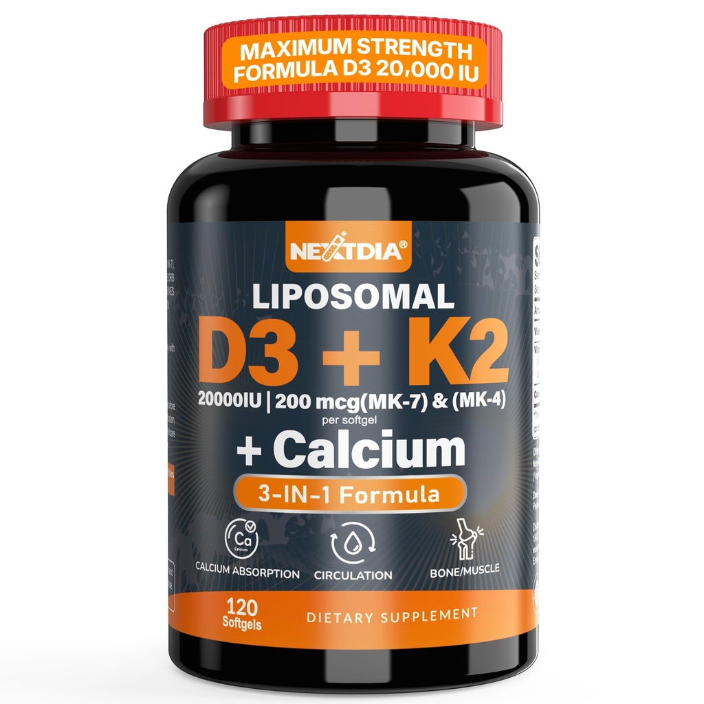 ビタミンD3 20,000 IU +ビタミンK2(MK7)200mcg - 最適なビタミンD3&K2ソフトジェル - 強力な骨と筋肉、カルシウム吸収&免疫サポート、ビタミンDの不足、スワロしやすい、非GMO