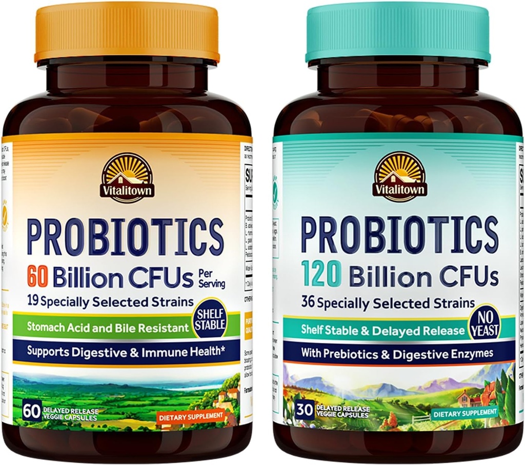 ヴィタリタウン プロバイオティック バンドル(2枚入り) | プロバイオティクス 60 Billion CFU (アイテム1) & Probiotics 120 Billion CFU (アイテム 2) | シェルフ 安定 | 消化器・免疫健康 | 30 日 供給 各々