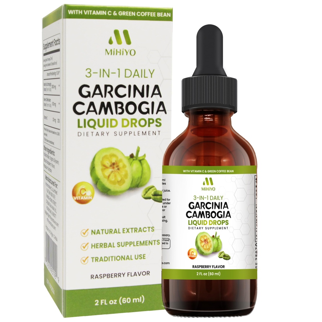 3-in-1 Garcinia Cambogia Liquid Drops - Natrual Extract with Green Coffee Bean & Vitamin C - Support Health and Wellness - Stronger Than Pills & Capsules - Natural Raspberry Flavor - 2 fl oz (60 ml)