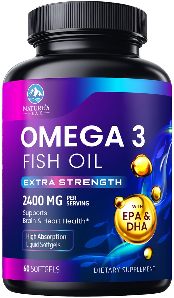 Omega 3 魚油 2400 mg の補足、持続的に供給される、三重強さ Omega-3 の補足 Softgels、頭脳の健康サポート、EPA 及び DHA の魚油の脂肪酸の補足、Gluten 及び GMO は、60 の Softgels を解放します