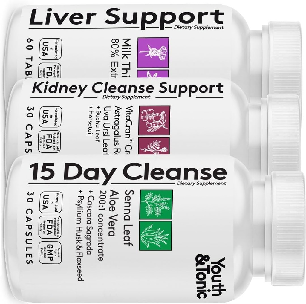 Youth & Tonic 3X Body Cleanse and Detox Pills for Women & Men with Liver, Kidney, Colon Supplements to Support Healthy Functions and for Loss of Unwanted Impurities and Metabolic Waste. 120 Capsules