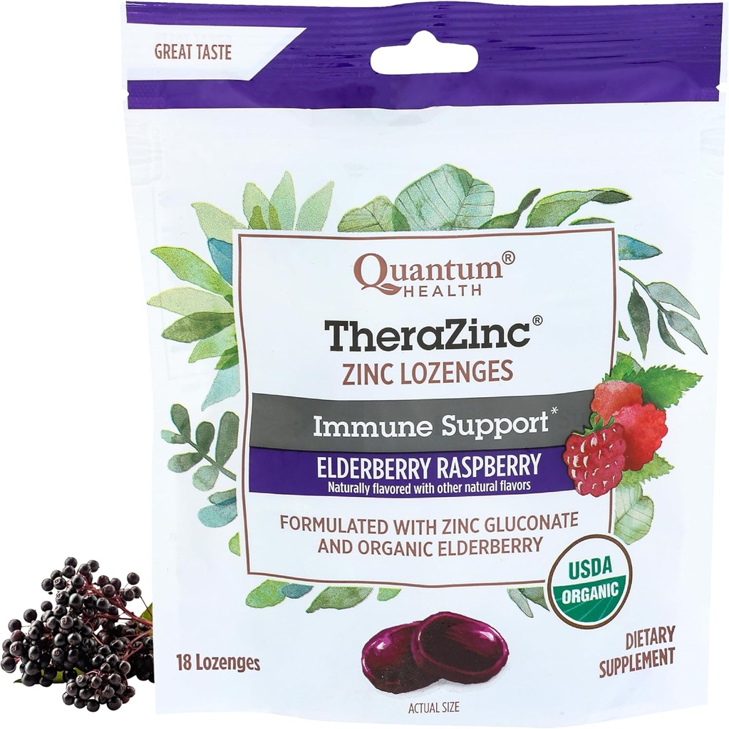 Quantum Health TheraZinc Organic Zinc Lozenges Elderberry & Honey - Immune Support for Adults & Kids 12+ Naturally Flavored Raspberry Fast Relief with No Aftertaste - 18 Count