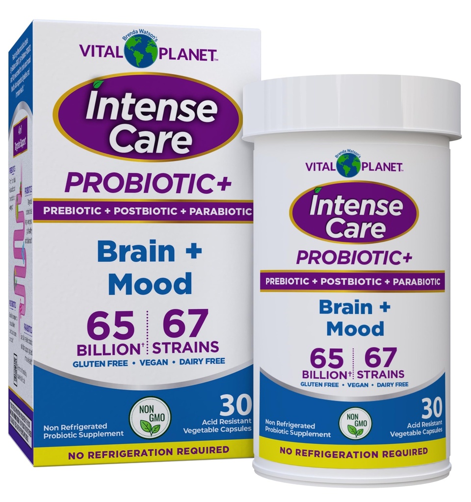 Vital Planet - Intense Care Brain & Mood Probiotics、有機プレバイオティクス、Postbiotics、Parabiotics、大人のための完全な4イン1健康の補足、65 Billion CFU、67の緊張、消化および免疫30のct
