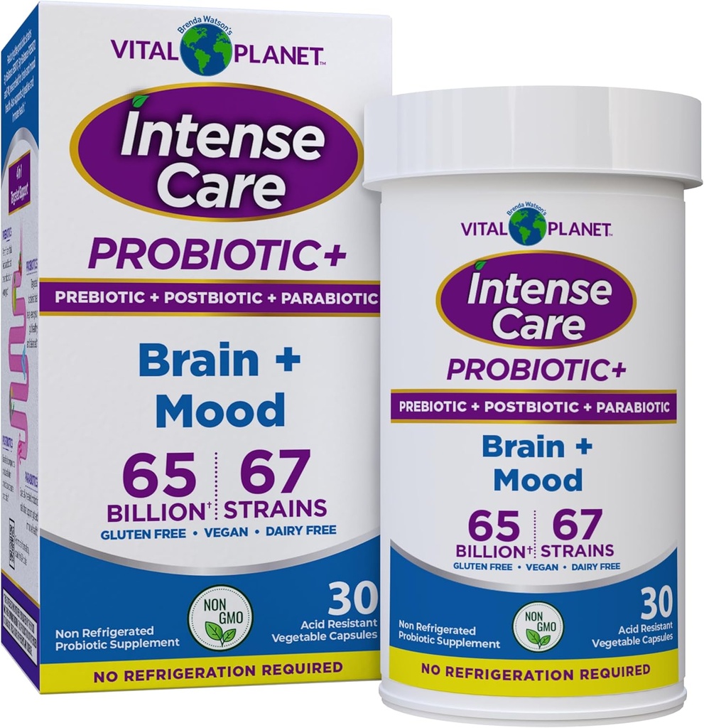 Vital Planet - Intense Care Brain & Mood Probiotics、有機プレバイオティクス、Postbiotics、Parabiotics、大人のための完全な4イン1健康の補足、65 Billion CFU、67の緊張、消化および免疫30のct