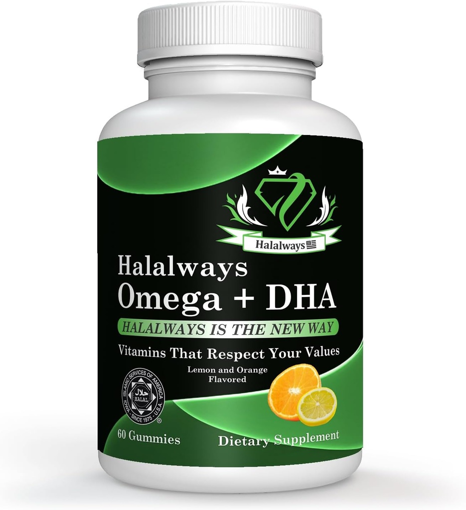 Halalways Omega + DHA Gummies - Triple Strength Omega 3 Fish Oil Gummy Vitamins with DHA Fatty Acids, Nature's Heart Health, Orange & Lemon Flavor Certified Halal Supplement