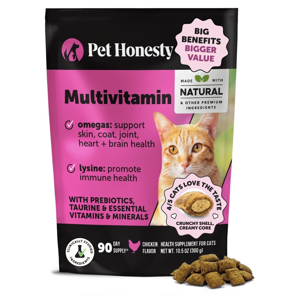 Cat Multivitamin Chews - Catは、健康+免疫、共同サポート、スキン&コート、および消化 - オメガ3s、猫のためのリジン&プロバイオティクス、猫のためのビタミン - チキン(90日の供給)
