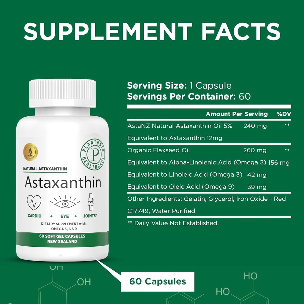 ニュージーランド - Microalgae Haematococcus Pluvialisからアスタキサンチン12mg - 60ソフトジェル - GMO&グルテンフリー - 抗酸化剤 - 共同モビリティとポストエクササイズの回復、皮膚と目の健康をサポート