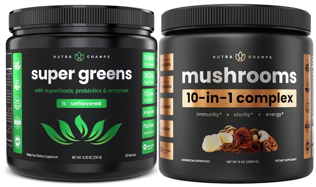 NutraChampsスーパーグリーンのアンフレーバー&スーパーマッシュルーム:究極のブレイン、グット&ボディブースト