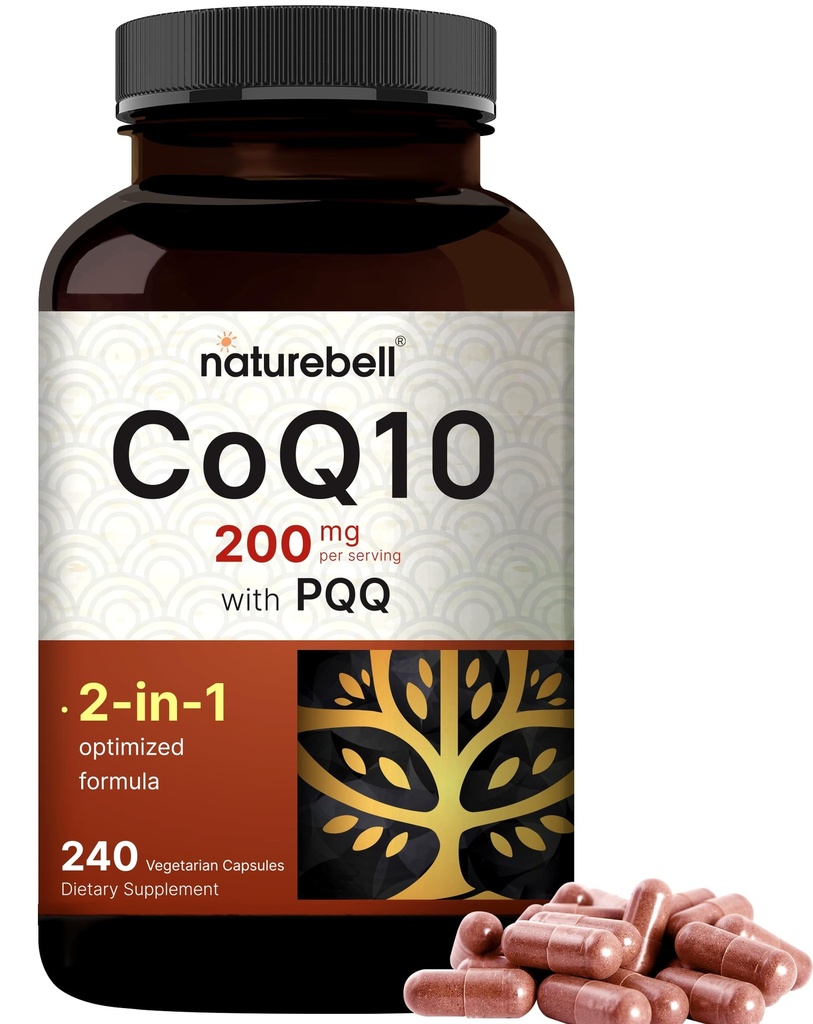 NatureBell CoQ10 200mgとPQ、240ベジギーカプセル  安定した高吸収フォーム - 心とエネルギーの健康のための抗酸化サポート - 余分な強度コエンザイムQ10サプリメント