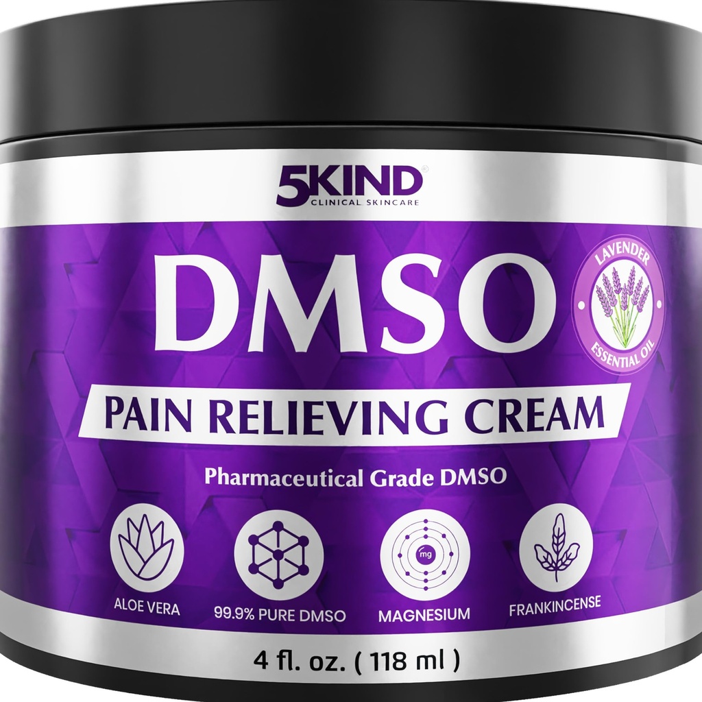 5Kind DMSO Cream for Pain Relief with Frankincense & Lavender 4 fl oz - 99.9% Pure DMSO Pharmaceutical Grade Cream - Aloe Vera, Magnesium & Arnica - Topical Muscle and Joint Pain Relief - Made in USA
