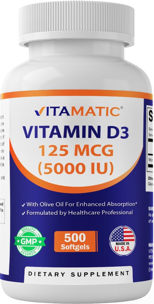 ビタミンD3 5000 IU(125 mcg) - 500ミニSoftgelsオリーブオイルベースのフォーミュラ - コールドプレス - 500日の供給 - 骨、筋肉、免疫の健康をサポート - 非GMO&グルテンフリー