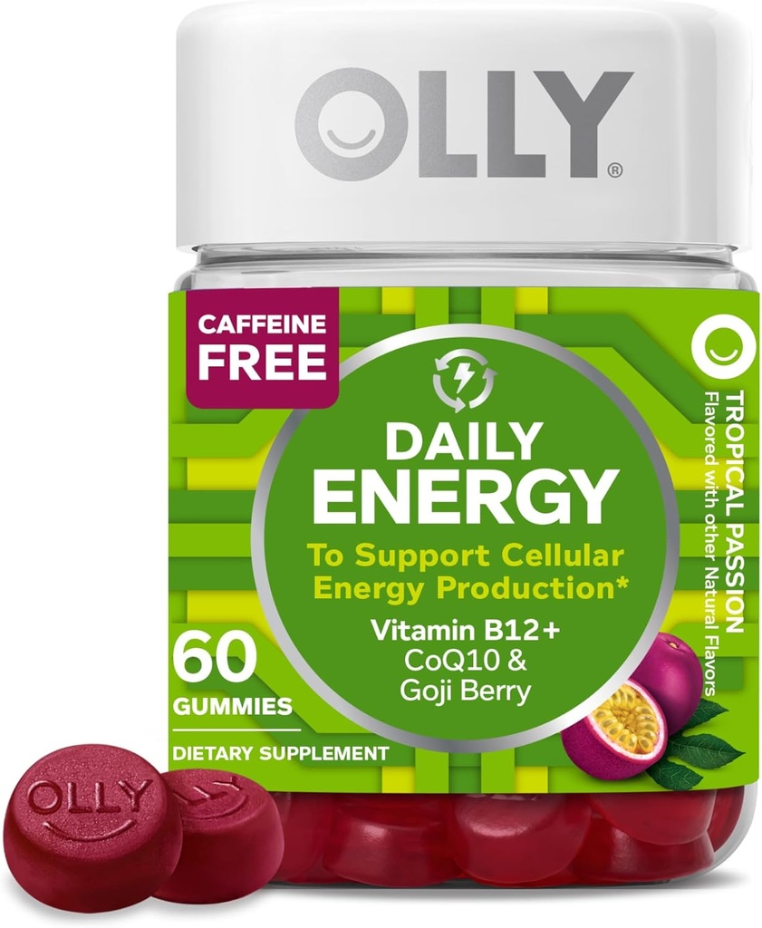 OLLY Daily Energy Gummy, Caffeine Free, Vitamin B12, CoQ10, Goji Berry, Adult Chewable Supplement, Tropical Flavor - 60 Count