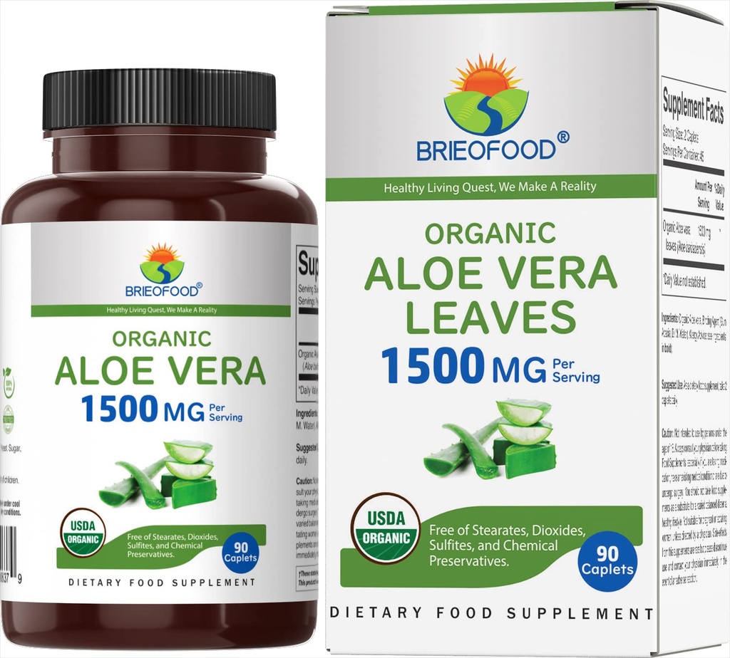 Brieofoodオーガニックアロエベラ1500mg、45サービング、ベジタリアン、グルテンフリー、90ベジタリアンタブレット