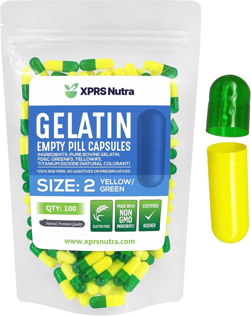 XPRSのNutraのサイズ2の空のカプセル- 100の計算の空のゼラチンのカプセル-Pills DIYのカプセルの詰物-Do-It-Yourselfの補足のための純粋な牛のゲルの帽子(緑/黄色)