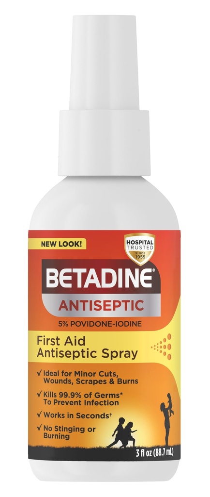 Betadine の防腐剤のファースト・エイドのスプレー、Povidone ヨウ素 5% の感染の保護、マイナーのキルズの Germs は処置を切ないし、焼跡、Sting 約束無し、アルコールまたは水素の過酸化物、3 の FL OZ を打ちません