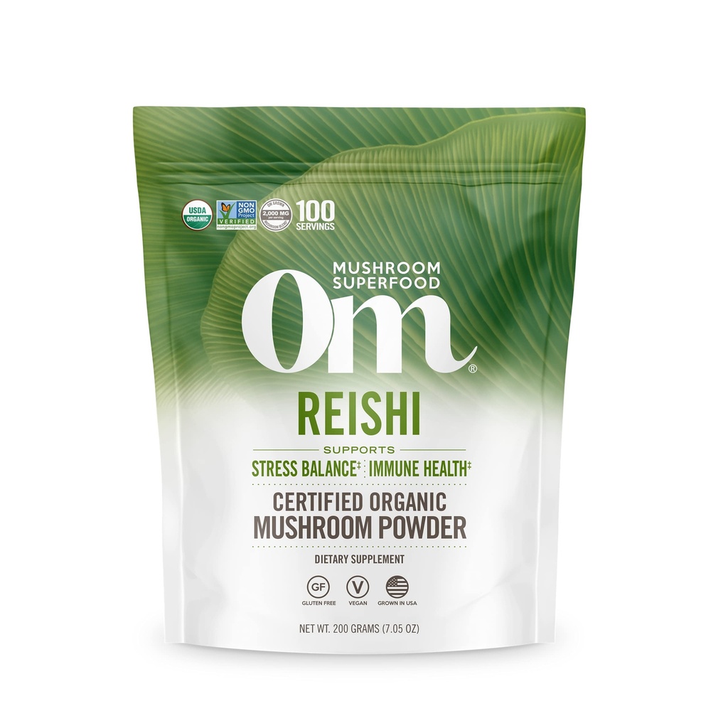 OmのきのこのSuperfood Reishiの有機のきのこの粉、100のサービング、圧力救助および免疫の健康のための有機性添加物の粉