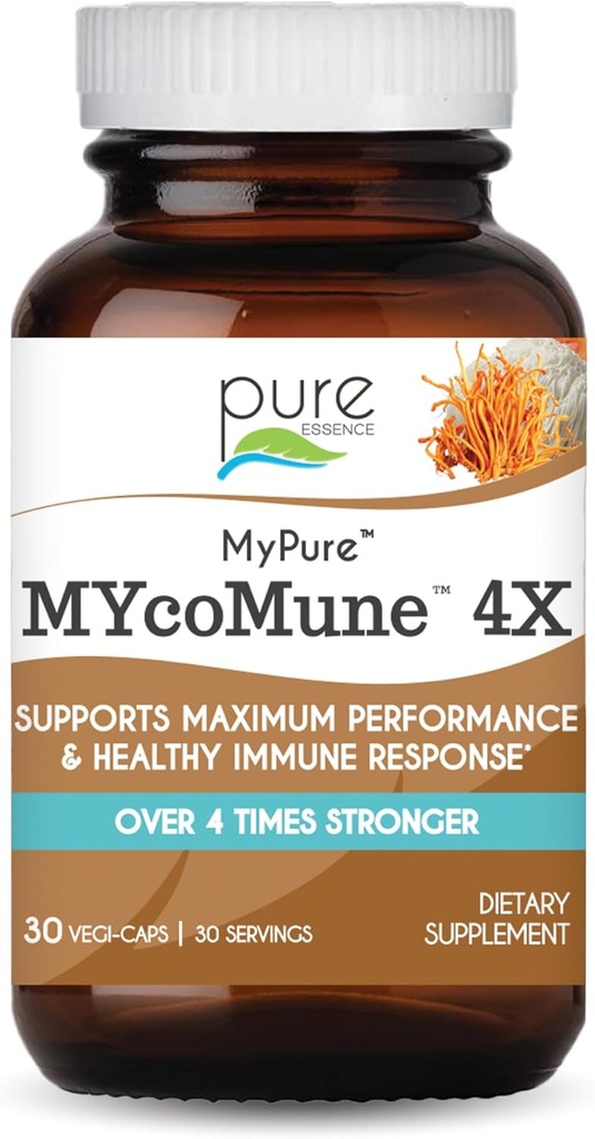 MYcoMune 4Xオーガニックマッシュルーム - Reishi, Lion's Mane, Cordyceps, Chaga, Shiitake, Maitake for Immune System, 戦闘ストレス, 純粋なエッセンスでエネルギーを構築 - 30キャップ