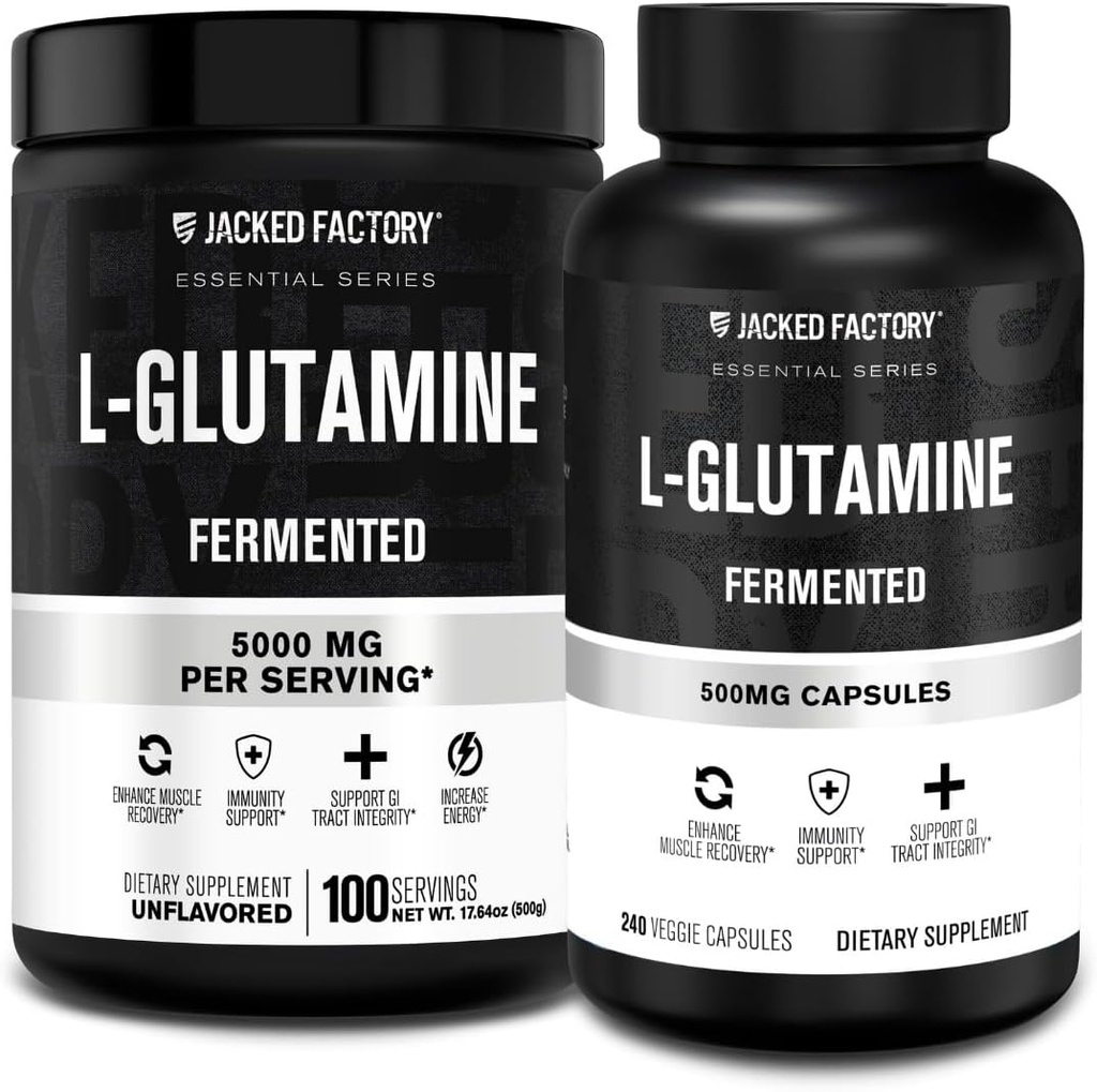 Jacked Factory L-Glutamine Powder 100 Servings & L-Glutamine Capsules 500mg (240 Capsules) for Post Workout Muscle Recovery, Immunity, Digestive Health