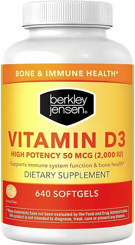 BerkleyのJensenの高い効力のビタミンD3 2000IU (50のmcg) (640のSoftgels)、Teeth、筋肉、免疫機能および男性および女性のための骨の健康のための食事療法の補足、米国、640日の供給でなされる